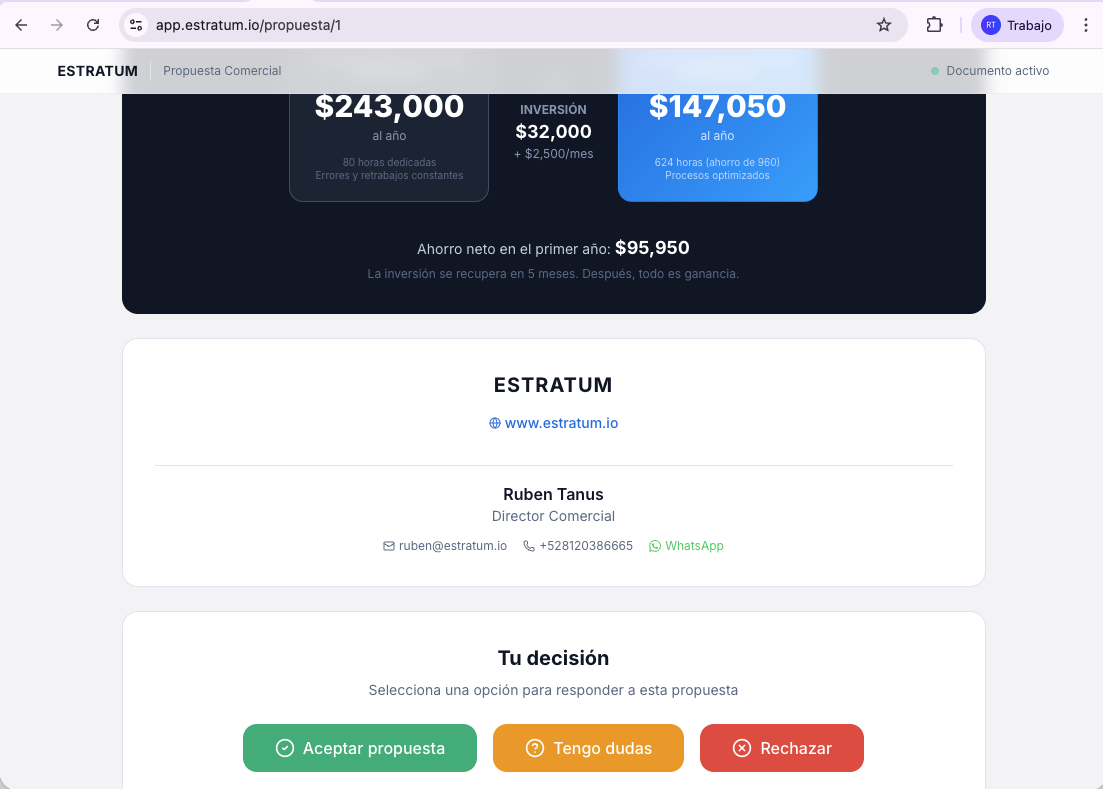 Vista del cliente con comparativa financiera, datos de contacto y botones de decision en ESTRATUM